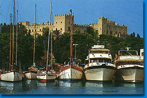 View of the Medieval Caste and the yacht harbor of Rhodes. 